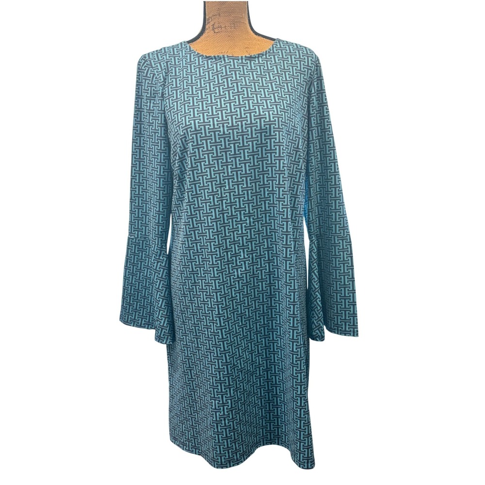 Katherine Way Turquoise‎ Blue Geometric Print Bell Sleeve Shift Dress Stretch XL